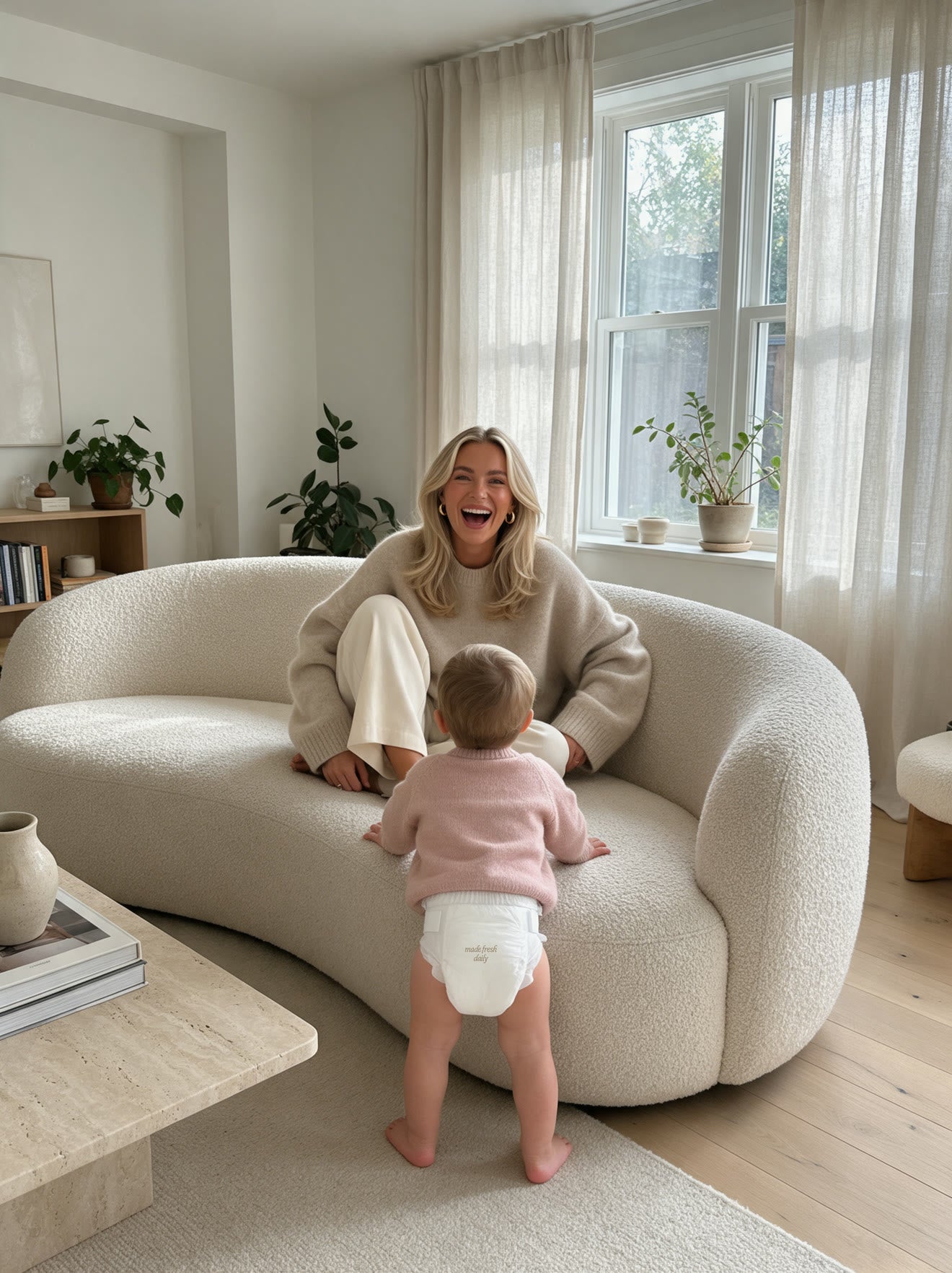 A laughing mom on a cream sofa while her toddler stands at the cushion, diaper printed made fresh daily
