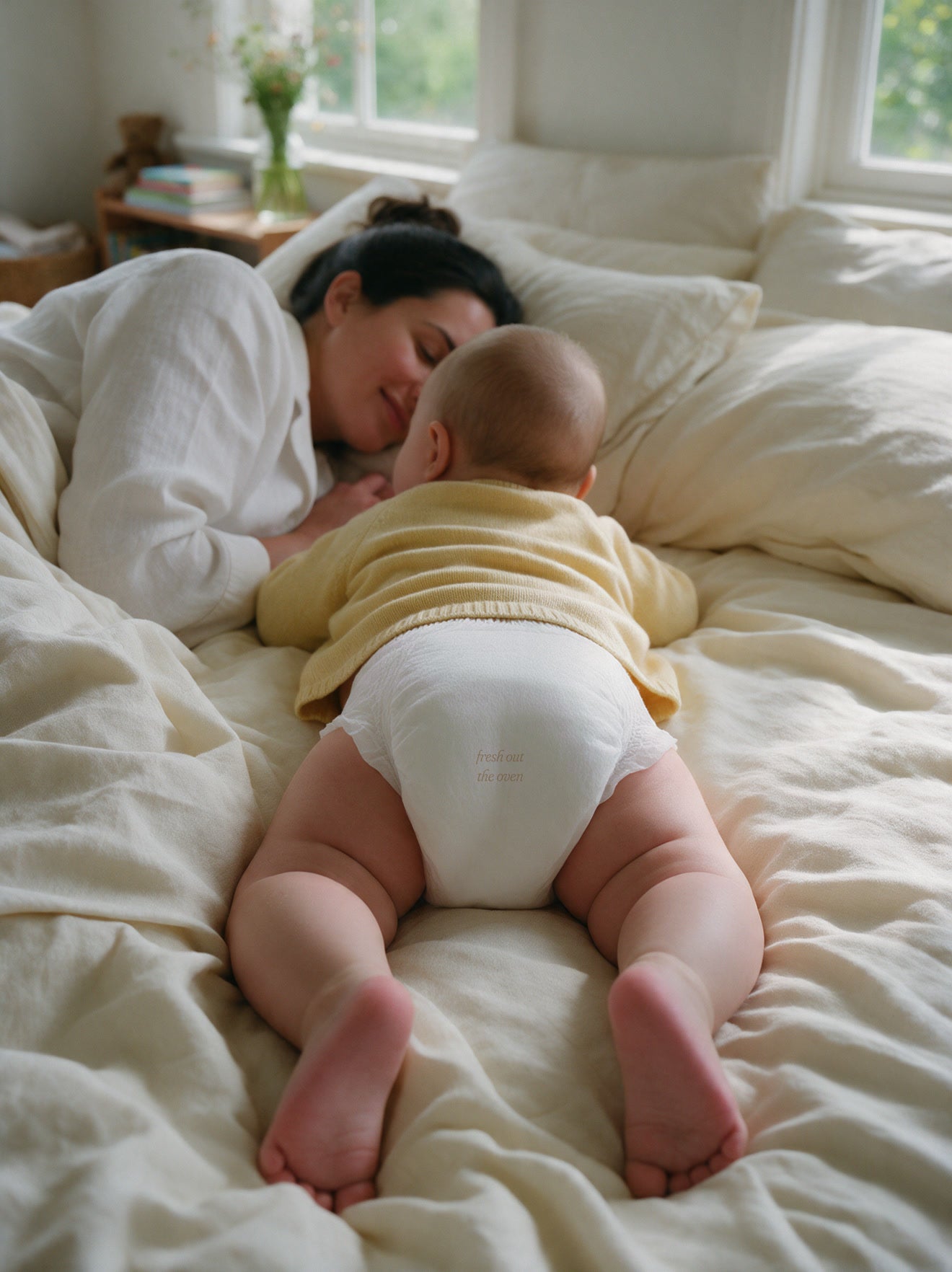 A baby in a butter sweater crawling up the bed toward his mom, diaper printed fresh out the oven