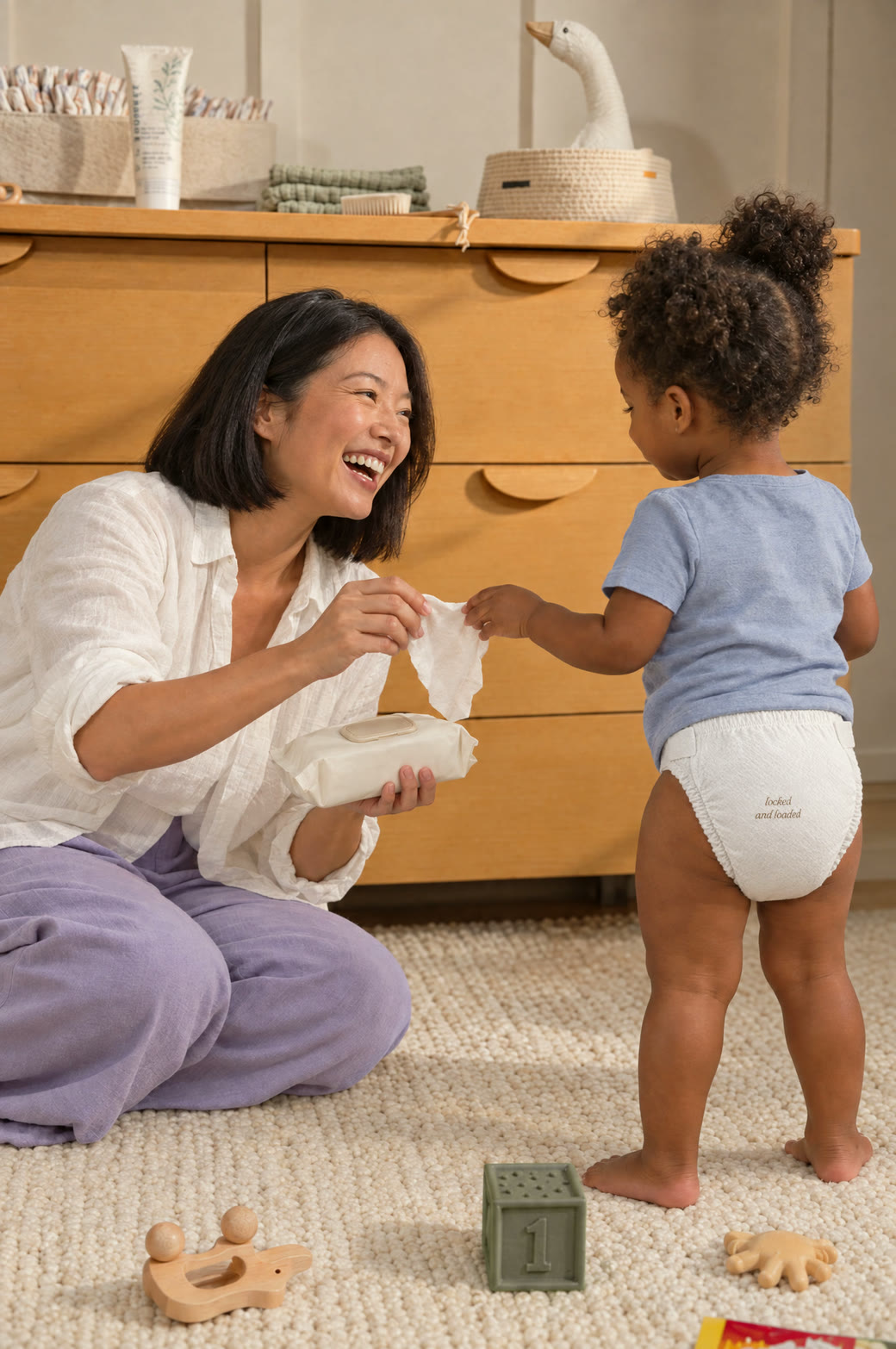 A laughing mom kneeling by a dresser and handing her toddler a wipe from a Calm Cloth pack, diaper printed locked and loaded
