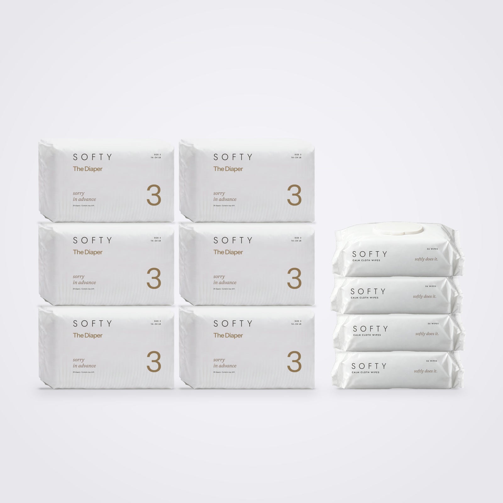 A Calm Cloth wipes pack beside The Diaper pack and a standing diaper on an oat backdrop, the diaper pack printed fresh out the oven