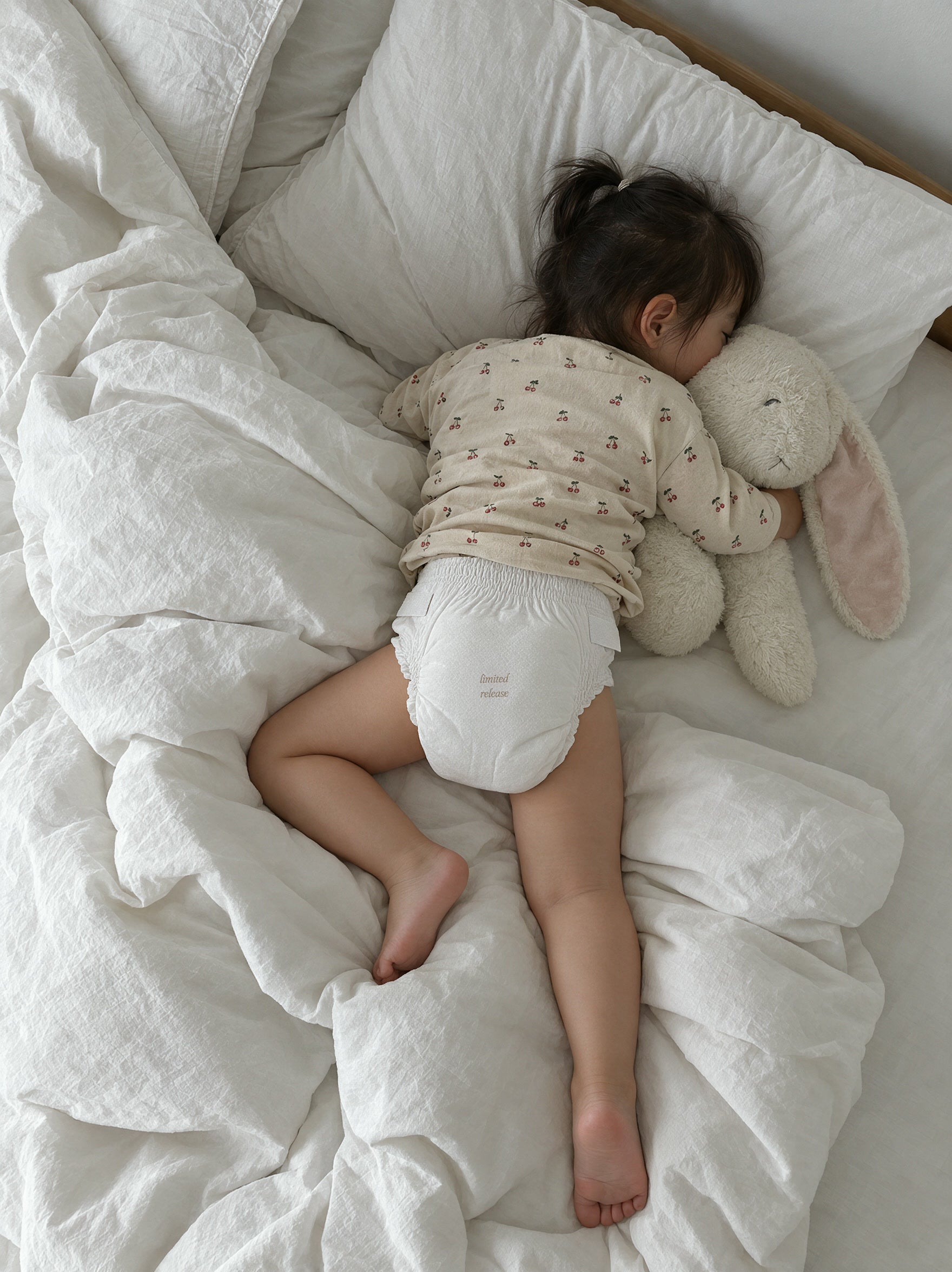 A toddler asleep on white linen hugging a stuffed bunny, diaper printed limited release