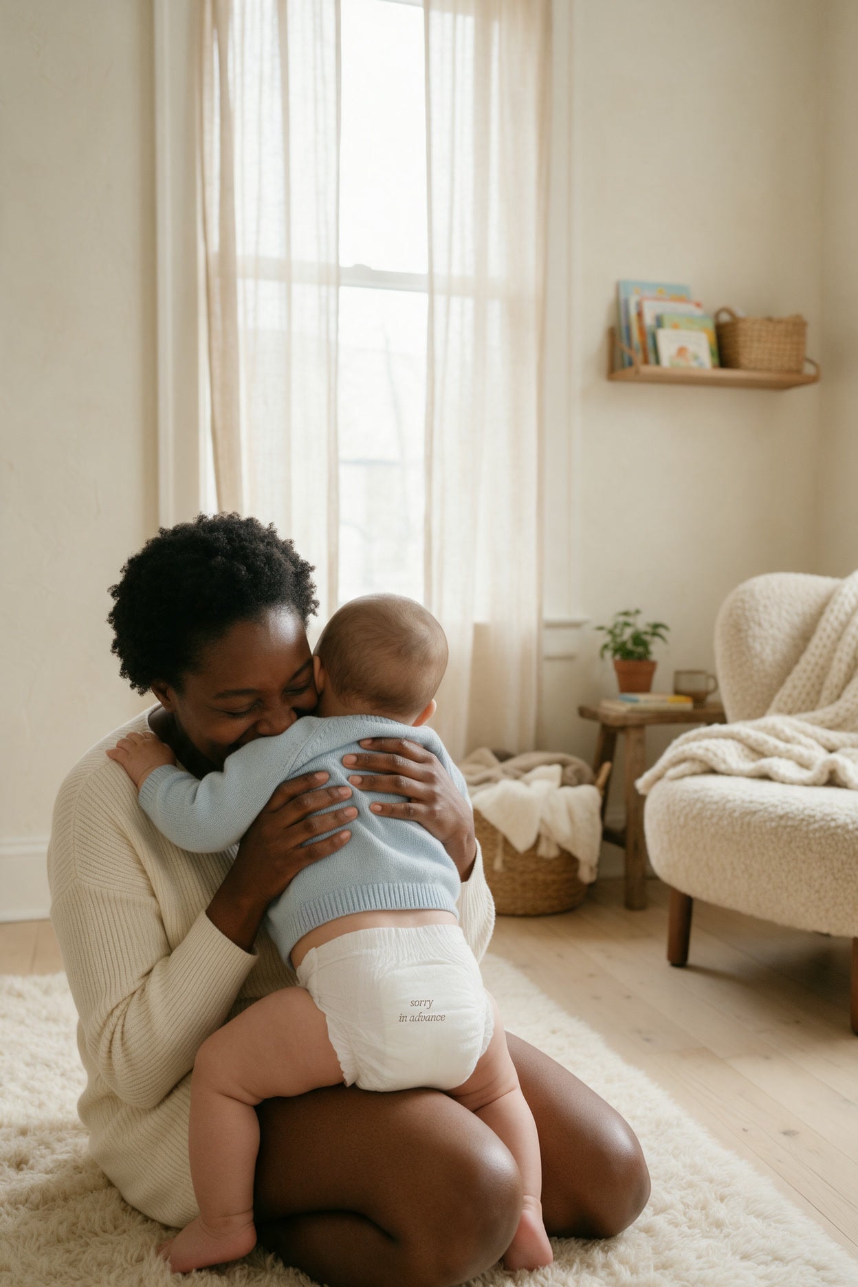 A mom kneeling on a cream rug hugging her baby on her knee, diaper printed sorry in advance