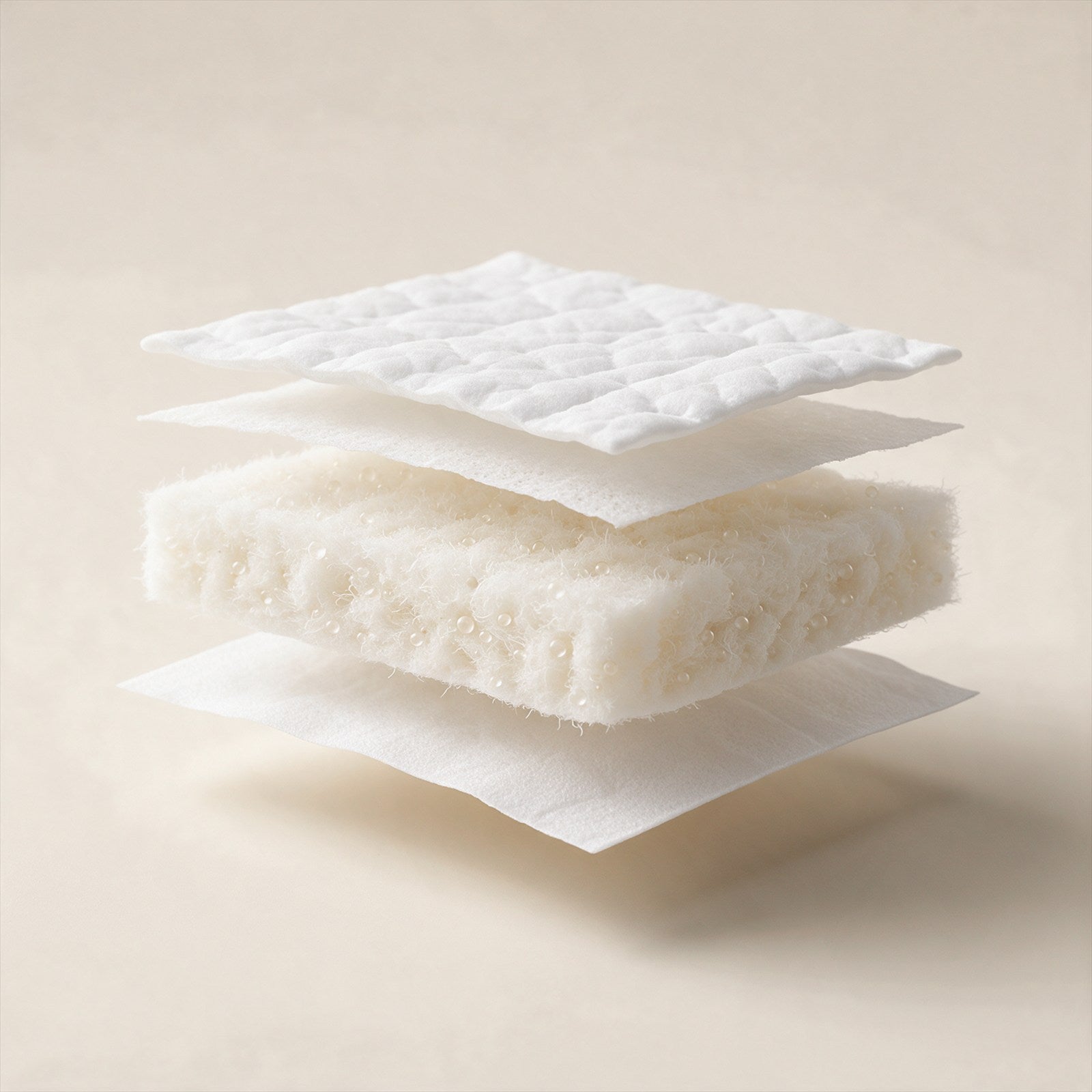 The absorbent core shown as separated layers floating on an oat backdrop