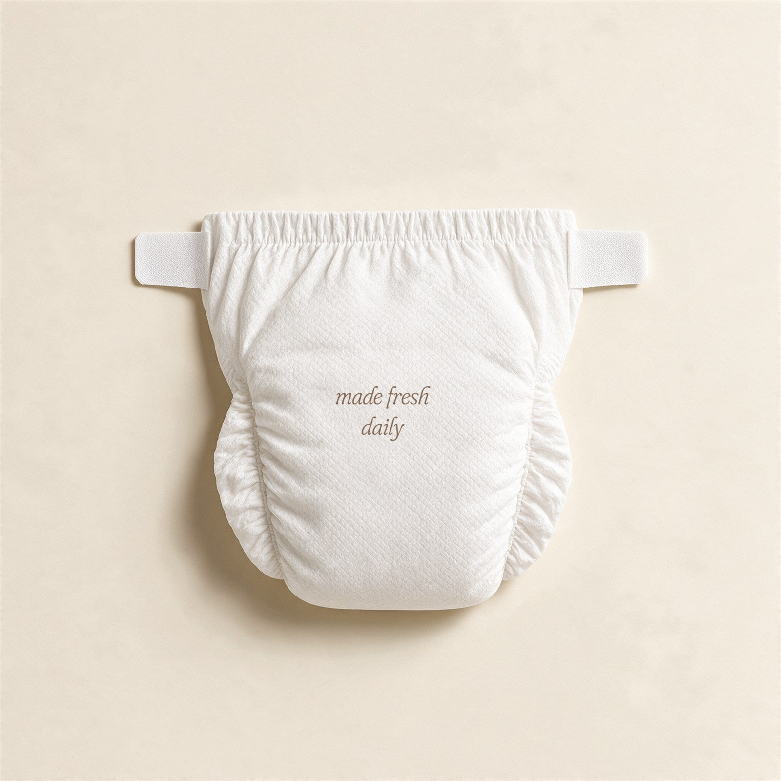 A diaper laid flat on an oat backdrop, back side up, printed made fresh daily