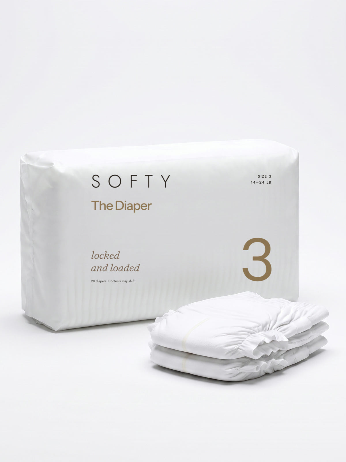 The Diaper pack standing on an oat backdrop beside a diaper, the pack printed locked and loaded