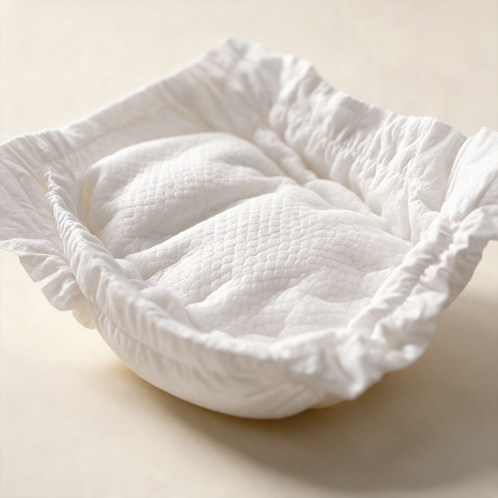 A close-up of the soft, quilted top layer of a diaper, cupped open on an oat backdrop