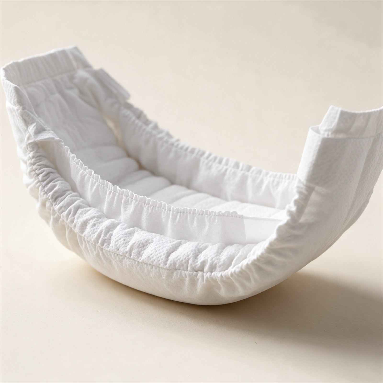 A diaper curved open to show the raised, gathered leak walls along each leg